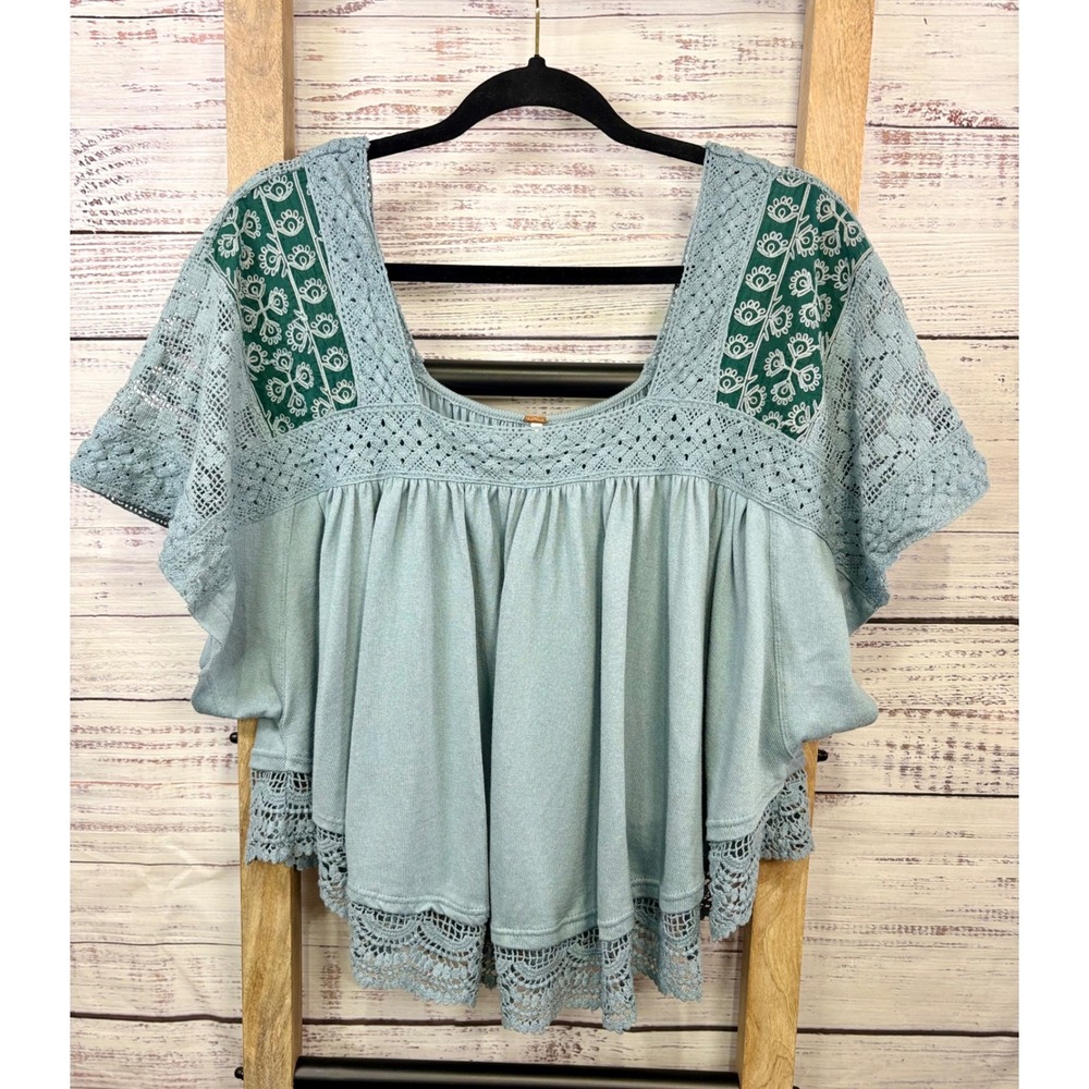 🪷 Free People Boho Crochet Lace Embroidered Prairie Days Top Blue/Green Medium 🪷 - Picture 3 of 13